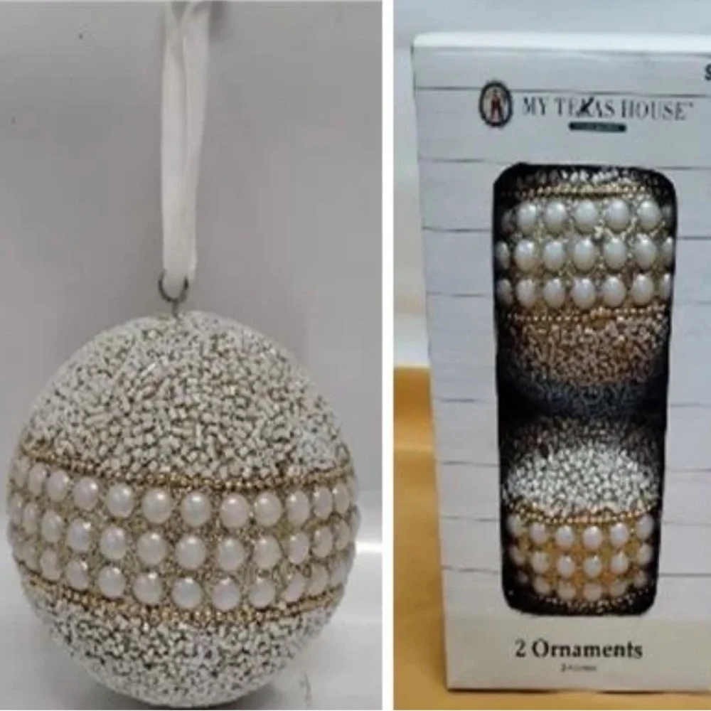 New My Texas House White Pearl and Gold Holiday Ornaments, 4